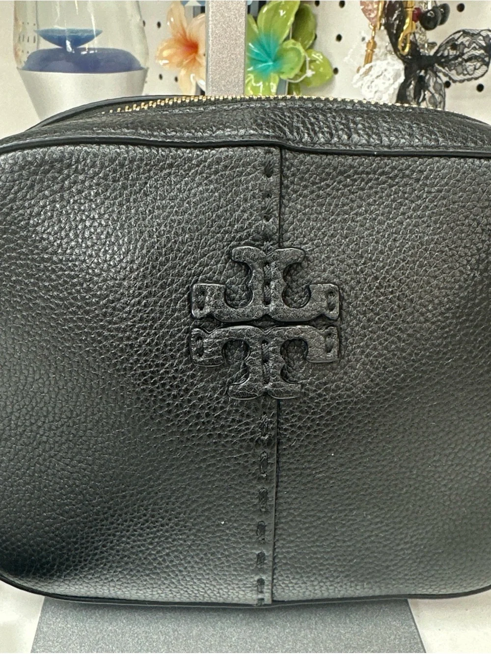 Tory Burch McGraw Crossbody tassle bag black pebbled leather Double T logo.